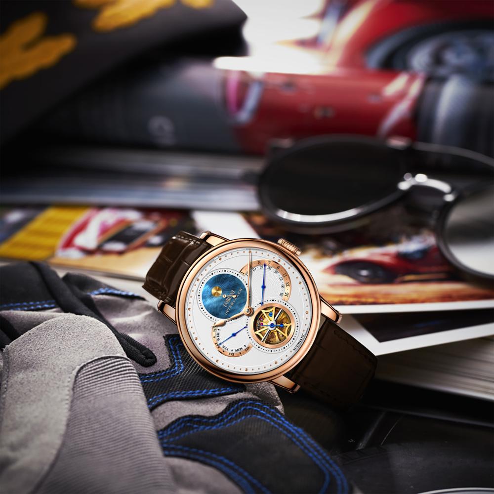 Automatic gear steel Leather watch